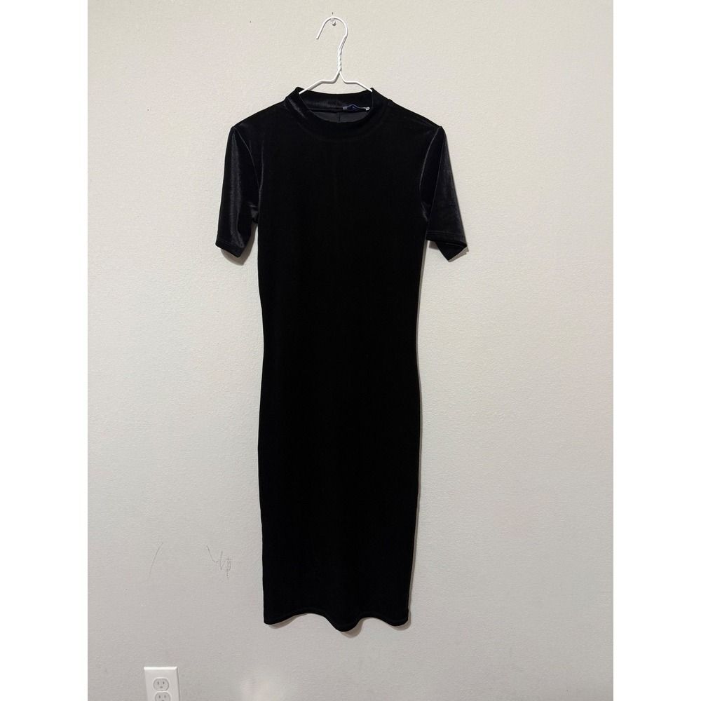 Zara Velvet Dress Women Medium Black Mock Neck Midi Short Sleeve Bodycon‎ Goth
